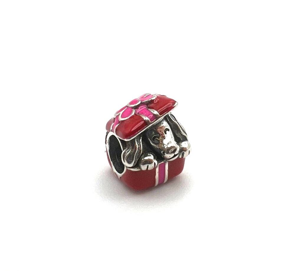 New Puppy in a Gift Box Charm for European Bracelet